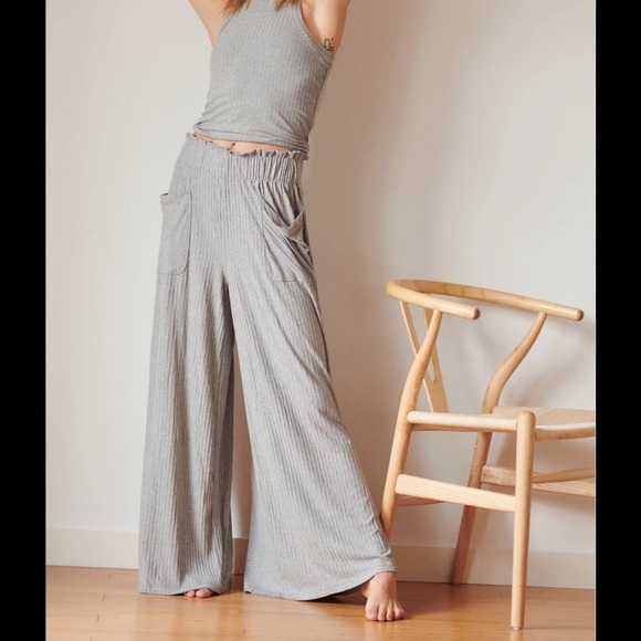 Free People Blissed Out Grey Ribbed Wide Leg Stretch Pants - Picture 2 of 11